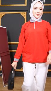 Kaos kerah panjang MERAH KERAH ABU/ MERAH CABE KERAH ABU