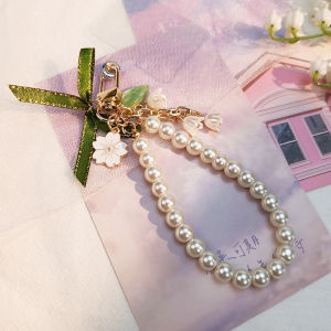 Green Silk Ribbon Phone Pendant Short Wrist Cord Pearl Womens Style Mobile Phone Accessory with Clip Bellflower Charm Universal