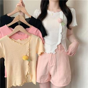 เสื้อยืดแขนสั้นถักสำหรับเด็กผู้หญิง ทรงเข้ารูป คอตั้ง สไตล์ฤดูใบไม้ร่วง ทรงเข้ารูป ลายกระต่าย ใส่สบาย เสื้อผ้าเด็ก