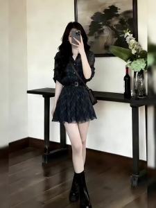 NIUVIES | Đầm Ngắn Tay Dài Sọc Xanh Pháp Cho Mùa Hè và Thu Nữ