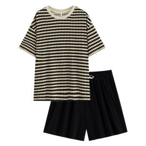 yuenei | ชุดนอนผ้าฝ้ายลายทางลำลองสำหรับคู่รักในฤดูร้อน ชุดนอนผู้ชายและผู้หญิง ชุดนอนผ้าฝ้ายแท้ แขนสั้น กางเกงขาสั้น ชุดนอนสบายๆ