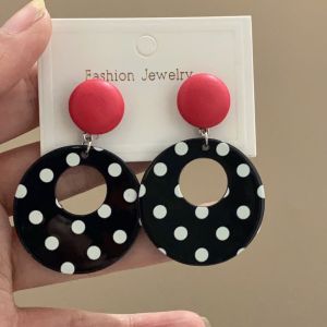 Retro Màu Đen Trắng Bông Tai Acrylic Chấm Bi Unpierced Nữ Thời Trang Đa Năng Bông Tai Vòng Tròn Và Bông Tai Kẹp