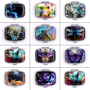 Small Sealed Metal Pill Container with Animal Design – Dual Compartment Travel Pill Organizer Decorative Medicine Storage Box