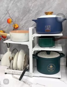 FCPE  2/3/4 Layers Under Sink Adjustable Pots & Pans Rack Kitchen Countertop Organizer Holder Cookware Pot Shelving Multifunctional Kitchenware Storage Rack