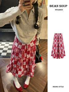 Váy Kẻ Caro Cạp Cao Màu Đỏ Thiết Kế Váy Midi Chữ a Cho Nữ Mùa Hè 2024 Váy Midi Chữ a Đa Năng