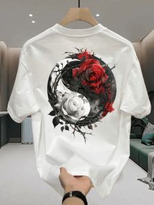 American Style Mens Cotton T-Shirt Summer Breathable Loose Fit Short Sleeve Rose Tai Chi Print Casual Trendy Half Sleeve Top