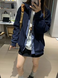 Blue Sweatshirt Womens Style Korean Loose Fit Shoulder Open Cardigan Early Autumn Outerwear Comfortable Cotton Polyester Blend