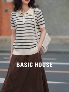 Basic House | Yellow Stripe Polo Collar Short Sleeve Beautiful Knitwear