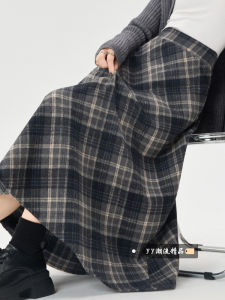 Winter New Plaid Woolen A-Line Midi Skirt Womens High Waist Slimming Hip Covering Drapey Skirt Korean Style Commute Skirt