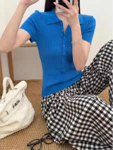 YUEZHONGWEI | American Style Polo Neck Ice Silk Knitted Short Sleeve T-Shirt Women Summer Slim Fit Short Length Turn-down Collar Top
