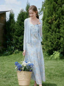 XIANGYING | Blue Print Knit Summer Autumn New Dress Set