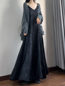 New Chinese Style Loose Fit Acetate Satin Fish Tail Long Dress Elegant Outerwear V-Neck Sleeveless Commute Suitable Dress