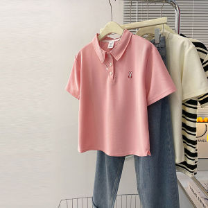 Polo Collar Plus Size Embroider Shoulder Short-Sleeved T-shirt Womens Summer Slightly Oversized Girls Loose Tummy Hiding Fat Hiding Slimming Top