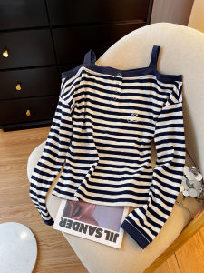 Sweet And Spicy Striped Long Sleeve T-Shirt Women Early Autumn Shoulder Exposure Loose Sensation Slimming Small Top