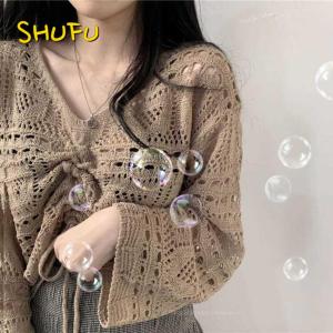 SHUFU 2893 Ready Stock korean style knitted loose cutout croptop casual long sleeves sweater for women plain tops