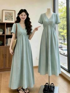 V-Neck Short Sleeve Summer Plus Size Slim Dress for Pear Shape