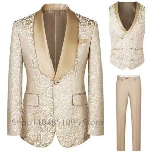 Bộ Vest Cưới Nam 3 Món Chất Liệu Jacquard Champagne Gồm Áo Khoác Dáng Ôm Áo Ghi Lê Và Quần Thiết Kế Lịch Lãm Phù Hợp Cho Đám Cưới Dạ Hội Công Việc.