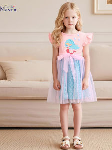 Cute Little Maven Girls Dress Summer Short Sleeve Washed Cotton Soft Fabric Child Skirt European Style Clothing for Ages 2-7