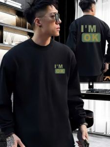 เสื้อยืดคอกลมแขนยาวทรงหลวมสไตล์อเมริกันสำหรับผู้ชาย ผ้าฝ้ายแท้ สีดำ ทรงหลวม ลำลอง แฟชั่นฤดูใบไม้ผลิและฤดูใบไม้ร่วง