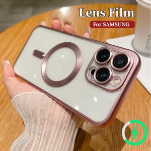 Luxury Wireless Charge Titanium Casing for Samsung Galaxy S24 S23 S22 Ultra Plus FE Note 20 10 Plus Ultra Plating with Lens Film Protect The Camera Matte Clear Silicone Cover