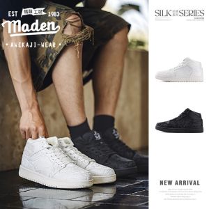 MADEN brand 2025 summer new silk high top shoes mens mid top thick soled sports and leisure board shoes embroidered white shoes