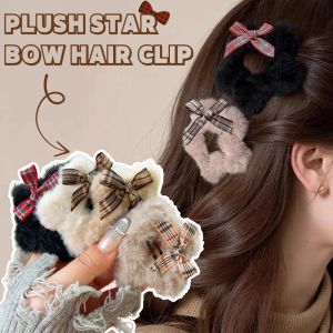 [Cutewomen2020] Cute Plush Five-Pointed Star Bow Hairpin for Women Warm Coffee Color Sweet Girl Bangs Side Clip Hairpin Autumn and Winter