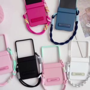 Double Color Contrast Lanyard Matte Case for Samsung Galaxy Z Flip 7 6 5 4 3 8 Hand Wrist Strap Bracket Stand Hard PC Cover