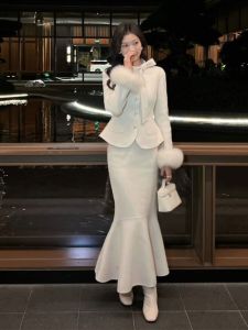 Large Size French Style Woolen Coat Womens Autumn Winter Fashion Set with Wrap around Skirt High Waist Fish Tail Design