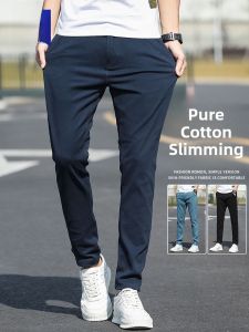 ROMON | Romon Mens Casual Cotton Pants Summer Thin Straight Leg Business Suit Elastic Waist Long Trousers Fashionable Urban Style