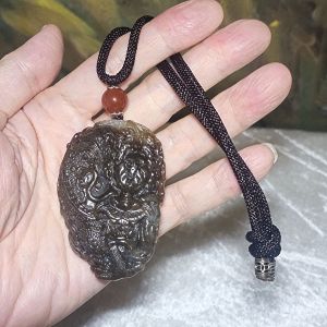 Premium Nephrite deep caramel & white hand carved 3 dimensional Dragon & Peanut handheld large pendant (with certificate) 精品且末和田玉糖白生意兴隆(龙、花生)手把件(带证书)