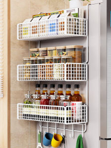 Kitchen Storage Rack Side Wall Hanging Shelves Multi-Layer Spice Bottle Preservation Film Metal Grid Refrigerator Organizer