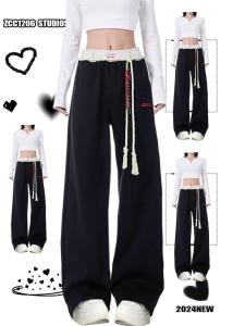 Retro American Splice Màu Đen Thể Thao Quần Ống Rộng Thoải Mái Phụ Nữ Sớm Mùa Thu Đường Phố Cao Thẳng Rộng Rãi Ống Rộng Quần Thể Thao Thương Hiệu Thời Trang