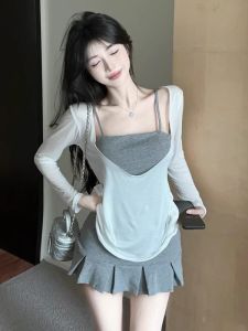 GUZILIAN | Fall Fashion Fitness Running Vest Short Skirt Sun Protection Slimming Three Piece Set Womens Style Commute Korean Loose Fit