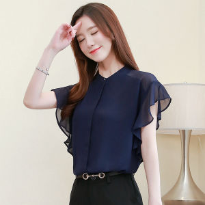 Blue Womens Short Sleeve Shirt Elegant Chiffon Top Small Stand Collar Lace Trim Fashionable Summer New Arrival Commute Style