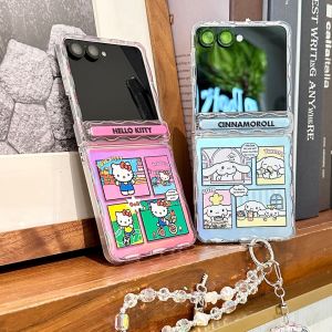 Sanrio | Cute Wave Cinnamoroll Hello Kitty Cardstock Phone Case For Samsung Z Flip 7 Flip Hinge Shockproof Protective Cover With Chain