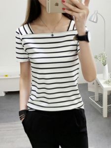 เสื้อยืดคอกลมลายทางสีดำขาวทรงสลิมฟิตสำหรับผู้หญิง เสื้อแขนสั้นฤดูใบไม้ผลิและฤดูใบไม้ร่วง ชุดเดรสไซส์ใหญ่ เสื้อผ้าทำงานสไตล์เรียบง่าย