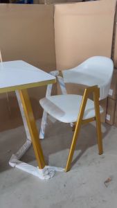 Tiancai Square Dining Table Set with 2 Orange Chairs and Gold Legs for Home and Coffee Shop Use
