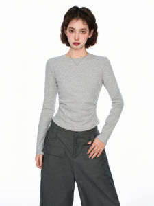 Áo Thun Nữ Tay Dài Màu Xám Không Đều Vai Ngắn Ôm Vừa Vặn Thời Trang Thu Xuân Mùa Hè Quần Áo Làm Việc Cổ Tròn