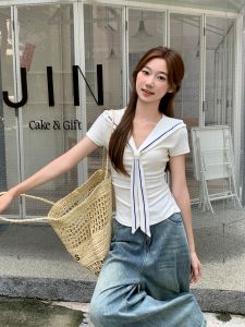 Navy Collar Shoulder Fit Tunic Slim Waist Womens T-shirt