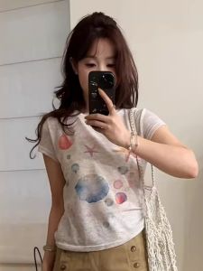 Áo Thun Nữ Tay Ngắn Mùa Hè in Họa Tiết Cổ Tròn Ôm Vừa Vặn Phong Cách Công Sở Đa Năng Thời Trang Thường Ngày