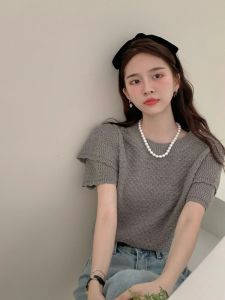 Shoulder Short Sleeve T-Shirt Womens Summer Design Niche Style Fancy Slim Looking Gray Fancy French Puff Sleeve Top