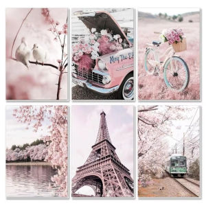 BILIBILI | Acrylic Paint By Numbers Pink Eiffel Tower Landscape Painting By Numbers on Canvas Coloring By Number for Adults Paint Digital
