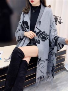 2024 Autumn and Winter Shawl Scarf Dual-Use Womens Long Double-Sided Jacquard Knitted Thickened Warm Cape Cloak Outer Wear