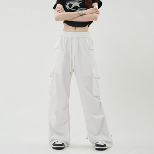 กางเกงทำงานสีขาว กางเกงขายาวทรงหลวมสบาย ๆ สไตล์ฮิปฮอปสไตล์อเมริกัน กางเกงขายาวลำลองสำหรับเต้นแจ๊ส กางเกงขายาวทรงหลวมสำหรับฤดูร้อน