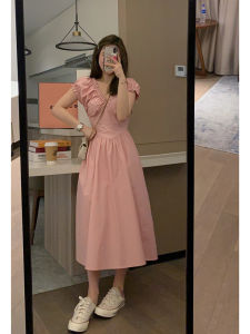 Veee Sweet Tea Skirt Pink Figure Flattering V-neck Puff Sleeve Stylish Ruched Elegance Long French Dress