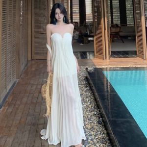Elegant Fairylike Beach Dress Womens Summer Vacation Gown off Shoulder Sleeveless Long Skirt Polyester Material H Shape