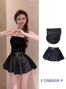 Váy Ngắn Chữ a Màu Đen Gợi Cảm Mùa Hè 2025 Bộ Váy Hai Mảnh Hở Lưng Đính Đá Rhinestone Váy Ngắn Xếp Ly Cạp Cao Bằng Polyester