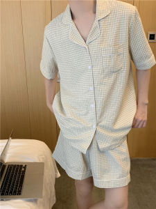 Bộ Đồ Ngủ Cặp Đôi Kẻ Sọc In Hình Mùa Hè Dễ Thương Cho Nam Và Nữ Có Cổ Búp Bê Tay Ngắn Nhà Phong Cách Nhà Dây Cao Su Eo