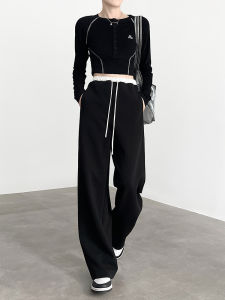 Black Knitted Sporty Wide Leg Pants Womens Casual Loose Fit Straight Cut Trousers Spring Autumn New Style Slimming Versatile