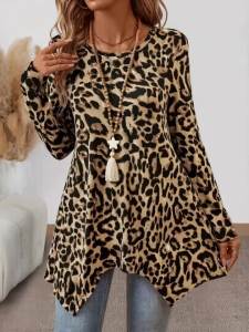 Women Leopard Print Tunic Top Long Sleeve Loose Fit Swing Blouse Irregular Hem Casual Flowy A-Line Shirt Streetwear